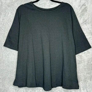 Bedford Fair 2X Shirt Top Black Solid Short Sleeve Boat Neck Cotton Blend Knit